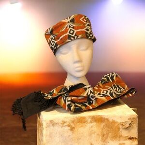 Vintage 90s African Fabric Orange/Black Patterned Hat and Scarf Set